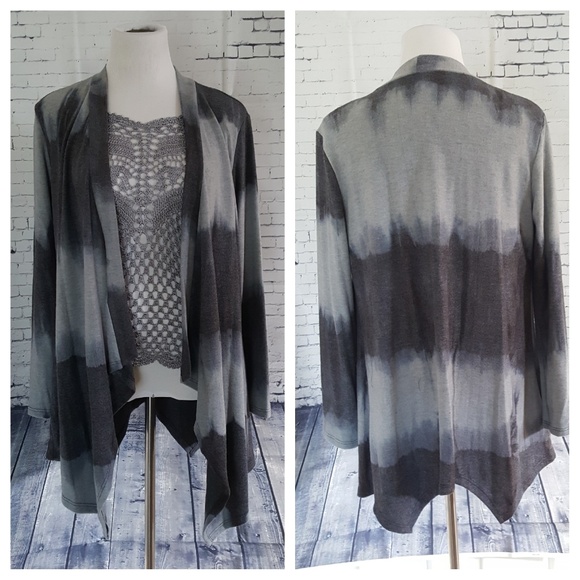 Charcoal Dark Gray Tie Dye Knit Long Oversized Open Draped Cardigan Cozy Sweater - Picture 4 of 8